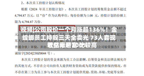 视频|公司股价一个月涨超136%！金螳螂员工持股三天全卖光 73人套现近亿元造富 比较高收益率超300%